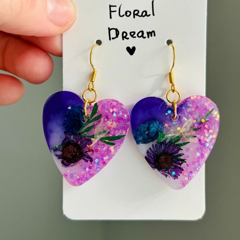 Purple Floral Heart Earrings with Real Flowers, Pink Glitter Resin Dangles